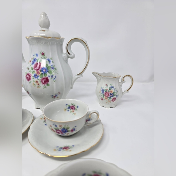 IJB Germany US Zone 13 Pc Porcelain Tea Set Pink Blue Green Floral Gold Trim 40s - Picture 3 of 16